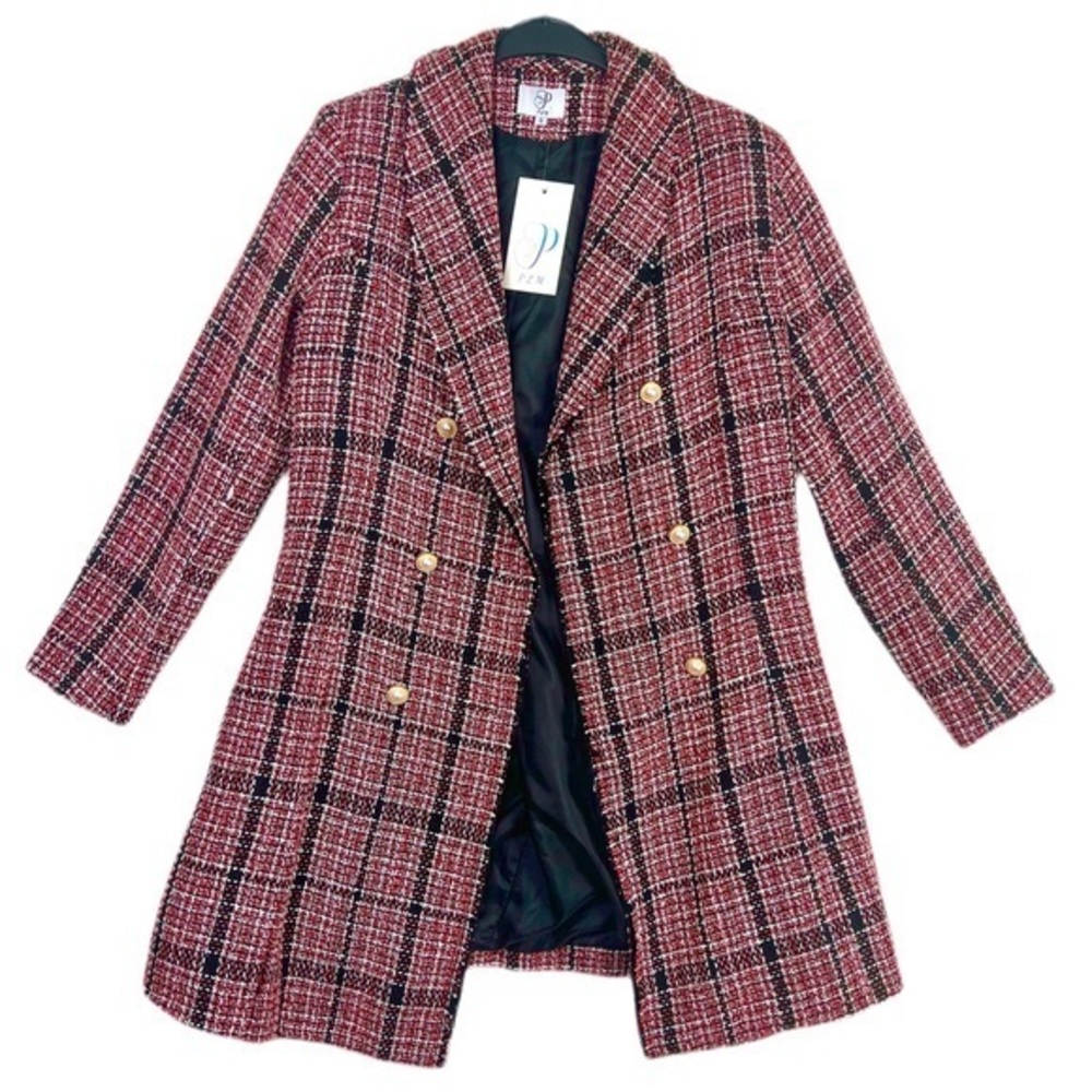 PLM Tweed Pearl Gold Buttons Double Breasted Long Winter Coat Jacket